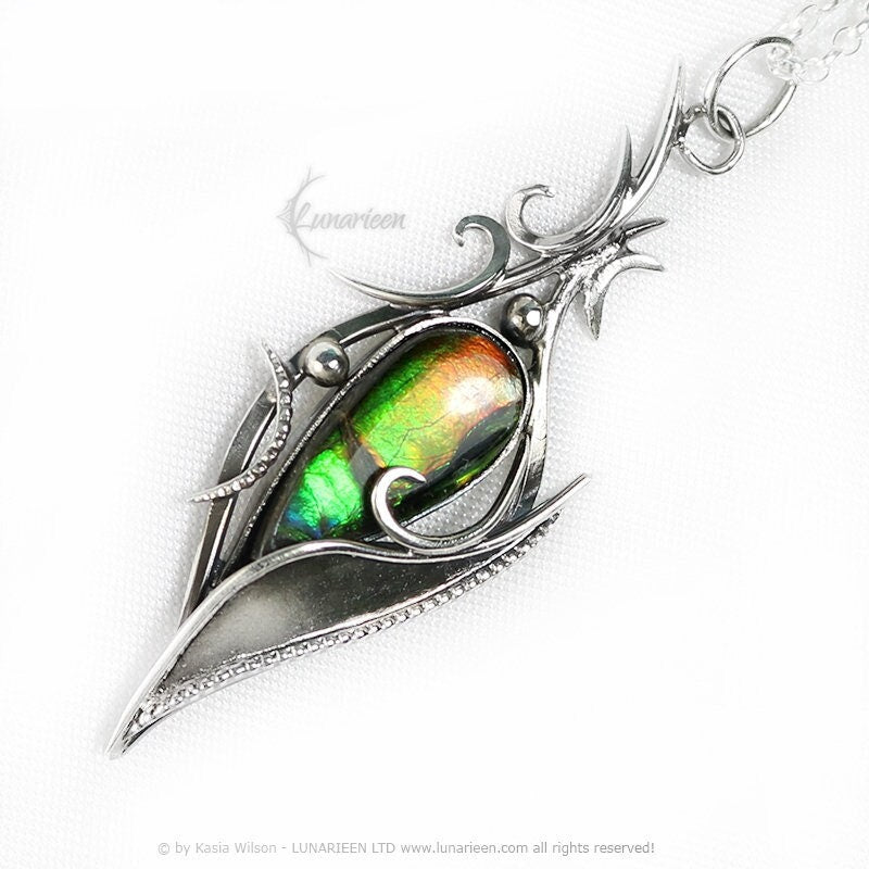 Sterling Silver pendant necklace Ammolite gothic fantasy style elven unique jewellery jewelry gift vampire witchy trendy jewelry