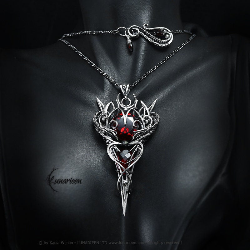 Sterling Silver, Fantasy Gothic Necklace Pendant, Red Quartz, Zirconia Vampire Elven Witchy, Unisex Unique Jewellery Jewelry Gift Garnet