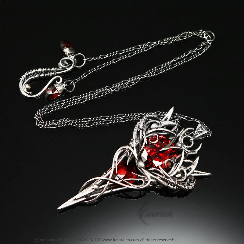 Sterling Silver, Fantasy Gothic Necklace Pendant, Red Quartz, Zirconia Vampire Elven Witchy, Unisex Unique Jewellery Jewelry Gift Garnet