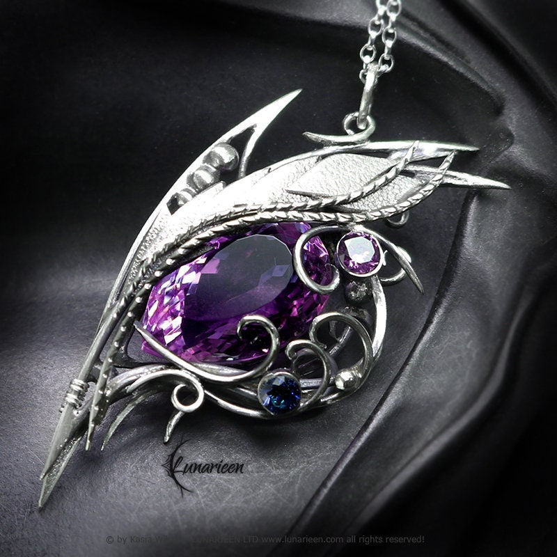 Silver Wire wrapped necklace wire wrap Alexandrite gothic goth dragon evil eye fantasy pendant silver unique jewellery jewelry