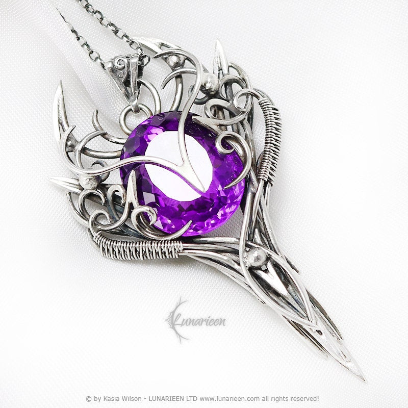 Silver Wire wrapped pendant gift gothic fantasy elven jewelry wire wrap necklace elvish witchy vampire purple Amethyst