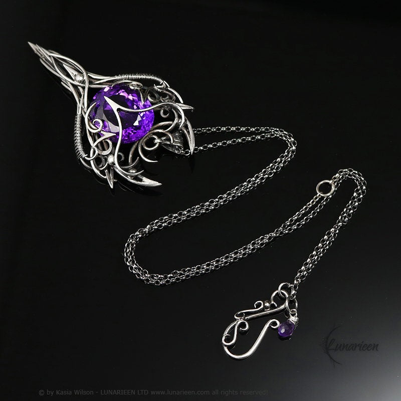 Silver Wire wrapped pendant gift gothic fantasy elven jewelry wire wrap necklace elvish witchy vampire purple Amethyst