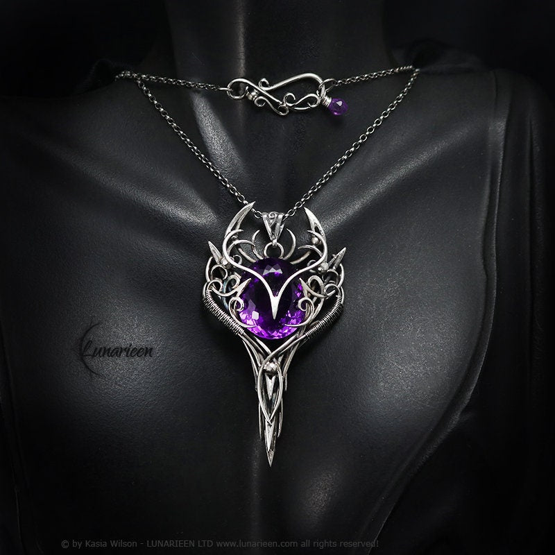 Silver Wire wrapped pendant gift gothic fantasy elven jewelry wire wrap necklace elvish witchy vampire purple Amethyst