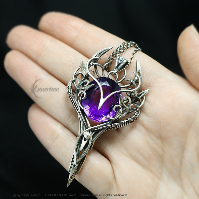 Silver Wire wrapped pendant gift gothic fantasy elven jewelry wire wrap necklace elvish witchy vampire purple Amethyst