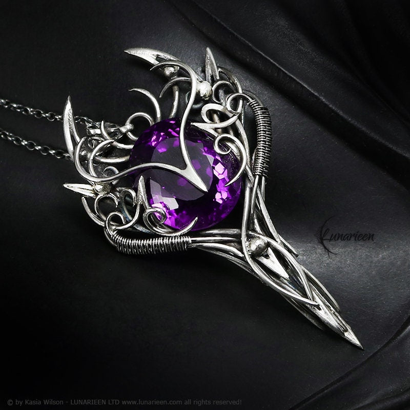 Silver Wire wrapped pendant gift gothic fantasy elven jewelry wire wrap necklace elvish witchy vampire purple Amethyst