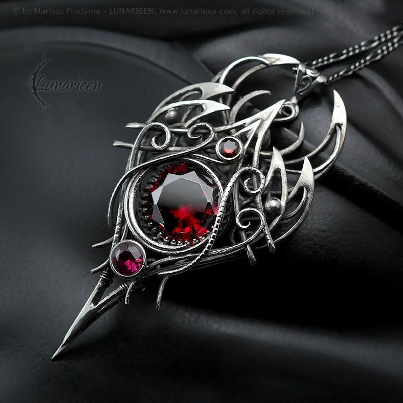 Sterling Silver, Large Fantasy Gothic style Necklace Pendant, Red Cubic Zirconia, Vampire Elven Witchy Jewellery, Unisex Unique gift