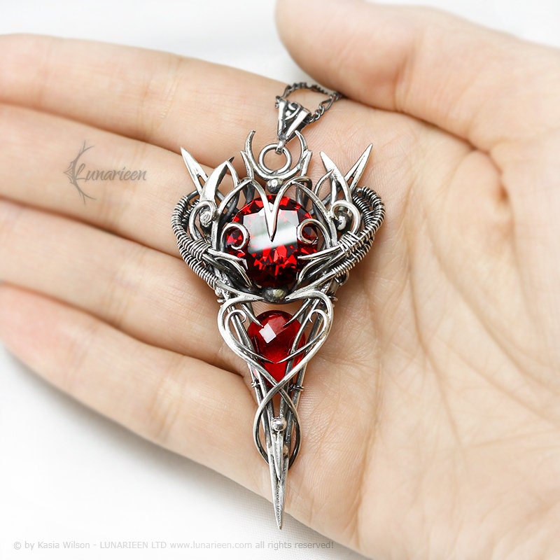 Sterling Silver, Fantasy Gothic Necklace Pendant, Red Quartz, Zirconia Vampire Elven Witchy, Unisex Unique Jewellery Jewelry Gift Garnet