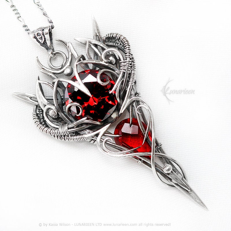 Sterling Silver, Fantasy Gothic Necklace Pendant, Red Quartz, Zirconia Vampire Elven Witchy, Unisex Unique Jewellery Jewelry Gift Garnet