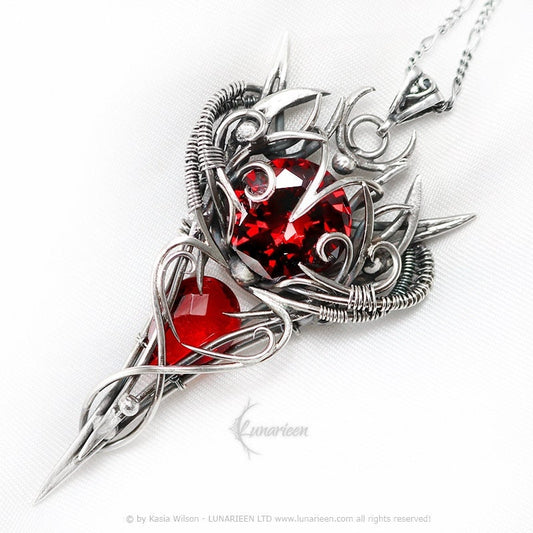 Sterling Silver, Fantasy Gothic Necklace Pendant, Red Quartz, Zirconia Vampire Elven Witchy, Unisex Unique Jewellery Jewelry Gift Garnet