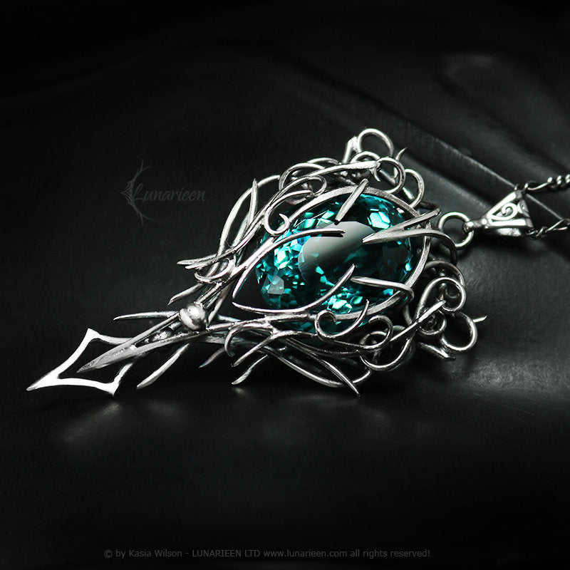 Silver Wire wrapped pendant gift gothic fantasy elven jewelry wire wrap necklace elvish witchy vampire Aquamarine gift trendy jewellery