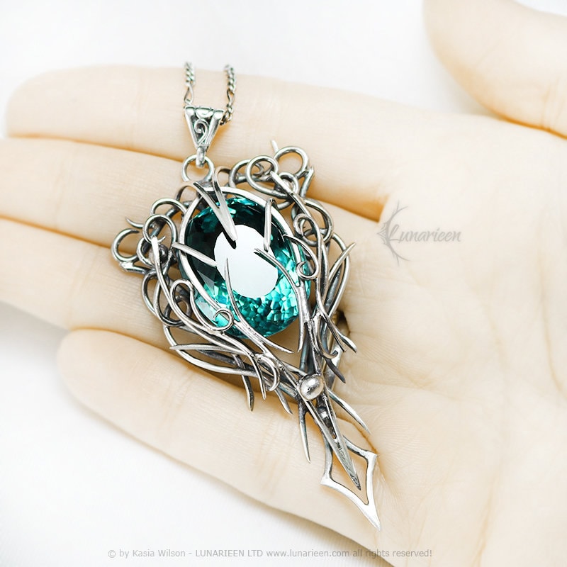 Silver Wire wrapped pendant gift gothic fantasy elven jewelry wire wrap necklace elvish witchy vampire Aquamarine gift trendy jewellery