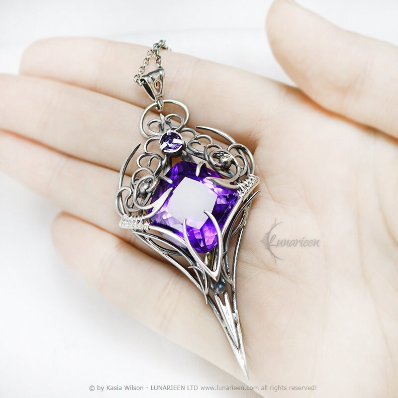 Silver Wire wrapped pendant gift gothic fantasy elven jewelry necklace elvish witchy vampire purple Amethyst unisex trendy jewellery