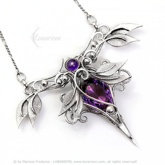 Sterling Silver Wire wrapped necklace gothic fantasy amethyst elven elvish pendant jewellery floral leaf Victorian necklace