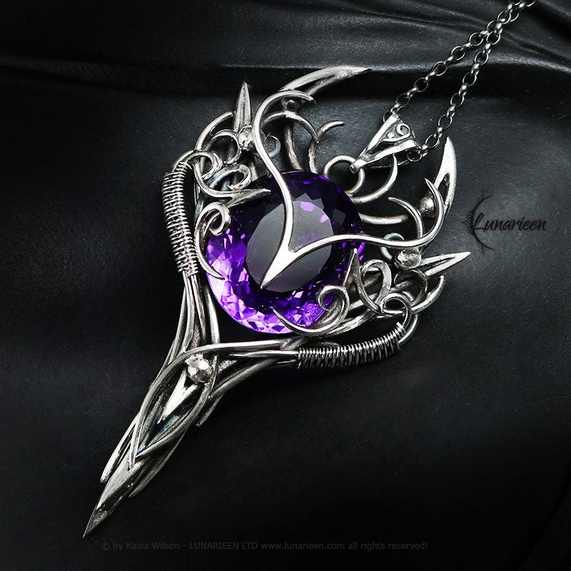 Silver Wire wrapped pendant gift gothic fantasy elven jewelry wire wrap necklace elvish witchy vampire purple Amethyst