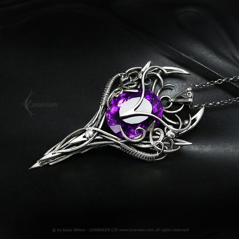 Silver Wire wrapped pendant gift gothic fantasy elven jewelry wire wrap necklace elvish witchy vampire purple Amethyst