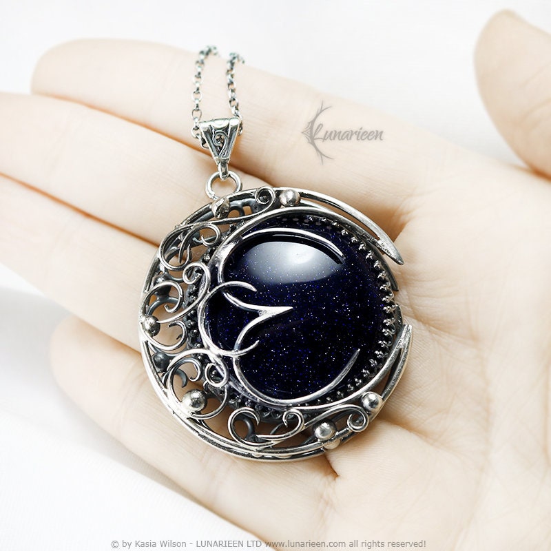 Silver Crescent moon necklace Blue Sandstone Sapphire jewelry Elven Pagan pendant fantasy elvish gothic unisex witchy vampire fashion gift