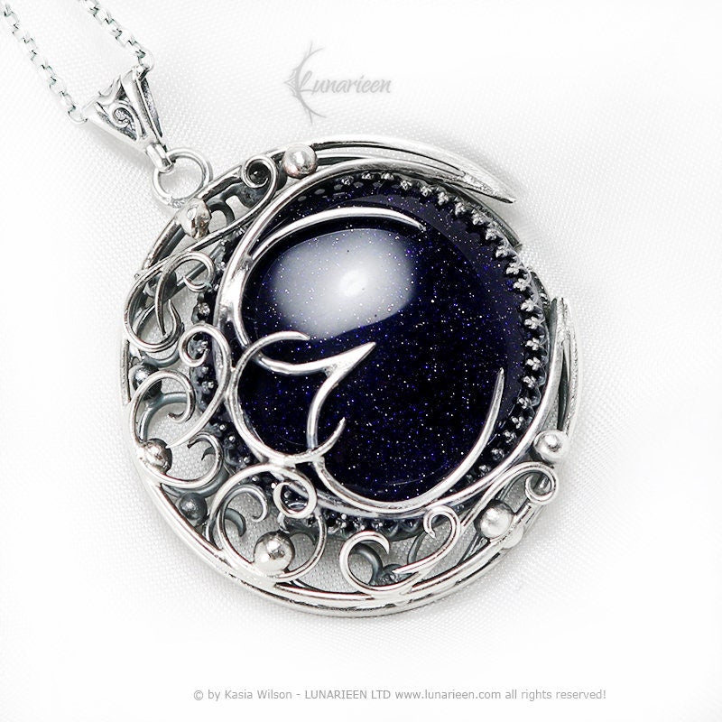 Silver Crescent moon necklace Blue Sandstone Sapphire jewelry Elven Pagan pendant fantasy elvish gothic unisex witchy vampire fashion gift