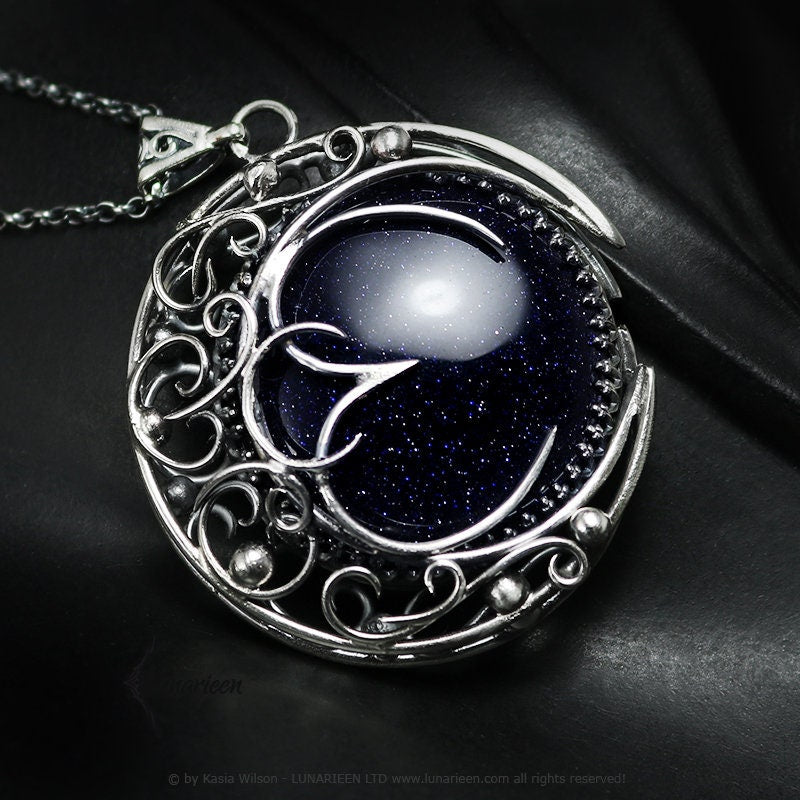 Silver Crescent moon necklace Blue Sandstone Sapphire jewelry Elven Pagan pendant fantasy elvish gothic unisex witchy vampire fashion gift