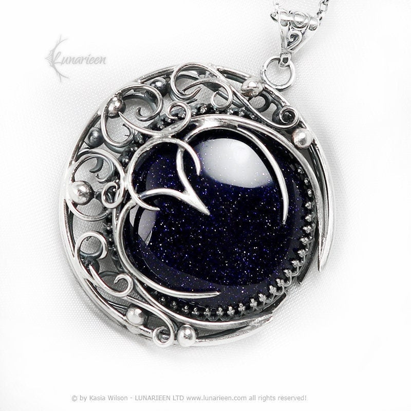 Silver Crescent moon necklace Blue Sandstone Sapphire jewelry Elven Pagan pendant fantasy elvish gothic unisex witchy vampire fashion gift