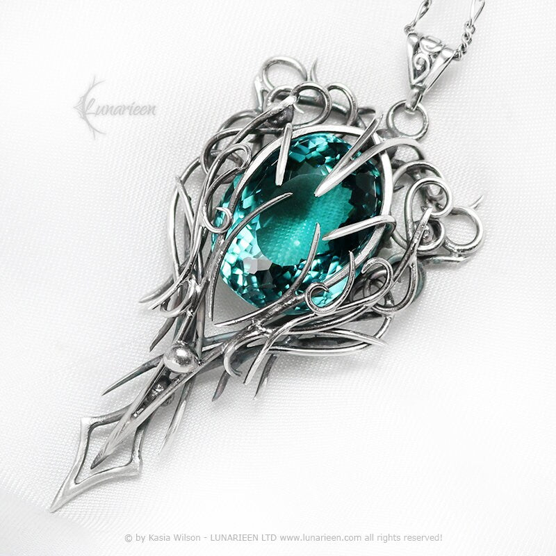 Silver Wire wrapped pendant gift gothic fantasy elven jewelry wire wrap necklace elvish witchy vampire Aquamarine gift trendy jewellery