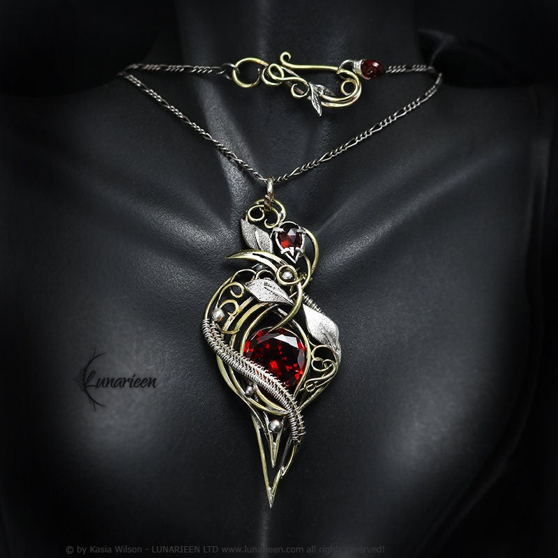 Silver Brass Garnet Zirconia Floral necklace jewelry Elven pendant fantasy elvish gothic witchy vampire fashion unique gift