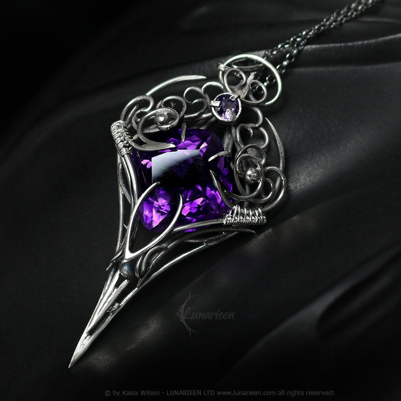 Silver Wire wrapped pendant gift gothic fantasy elven jewelry necklace elvish witchy vampire purple Amethyst unisex trendy jewellery