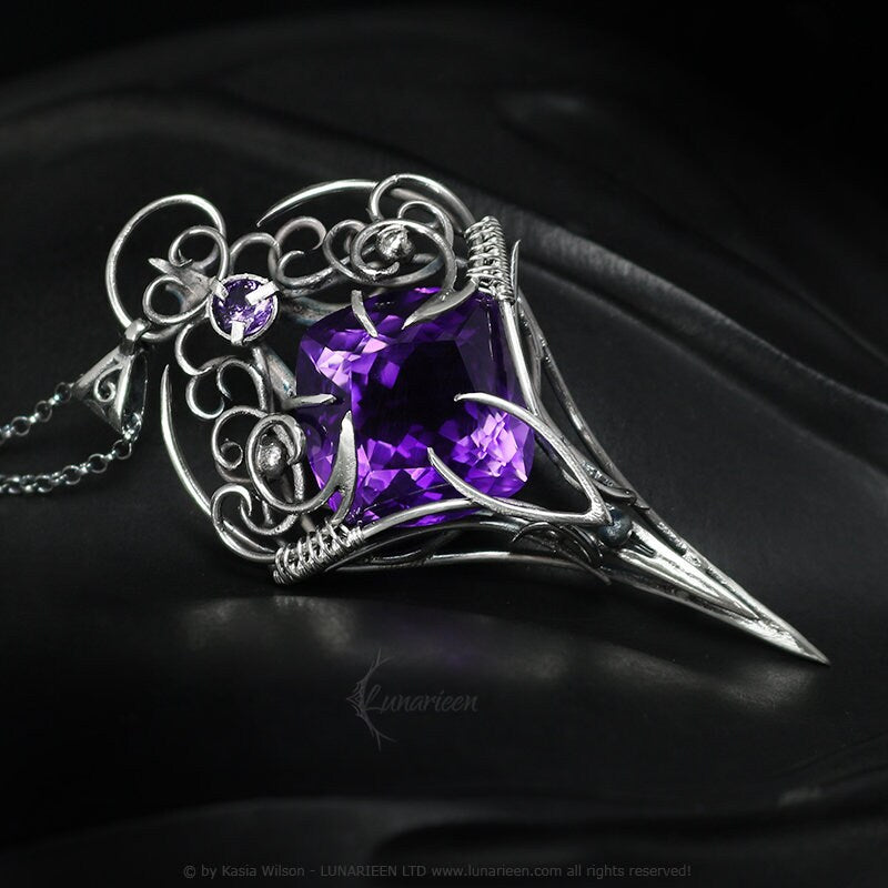 Silver Wire wrapped pendant gift gothic fantasy elven jewelry necklace elvish witchy vampire purple Amethyst unisex trendy jewellery