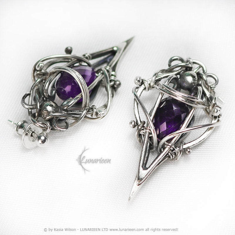 Sterling Silver earrings gift for her elven fantasy wire wrap 925 silver gothic witchy jewelry Amethyst vampire elven jewellery