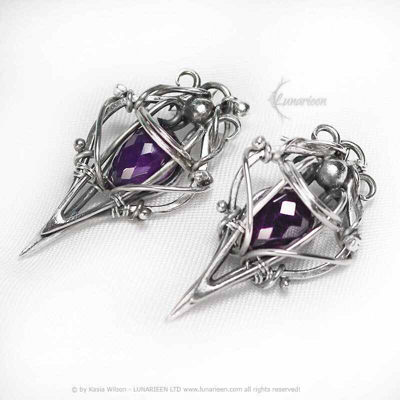 Sterling Silver earrings gift for her elven fantasy wire wrap 925 silver gothic witchy jewelry Amethyst vampire elven jewellery