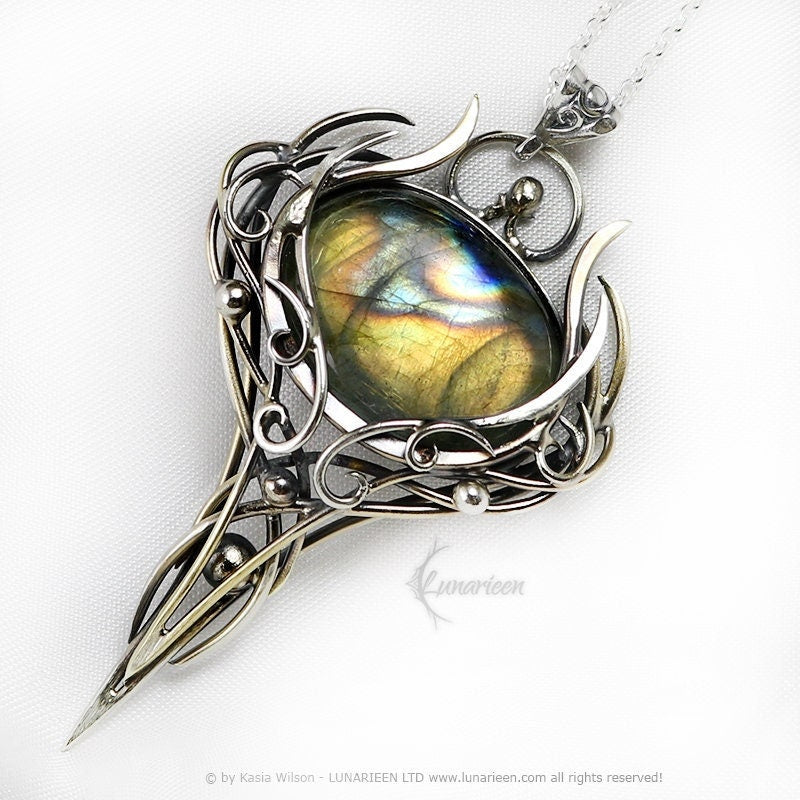 Silver Brass necklace Labradorite jewelry Elven pendant fantasy elvish gothic witchy vampire fashion unique gift