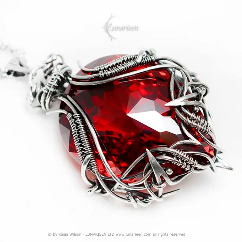 Sterling Silver, Fantasy Gothic Necklace Pendant, Red Quartz, Zirconia Vampire Elven Witchy, Unisex Unique Jewellery Jewelry Gift Garnet