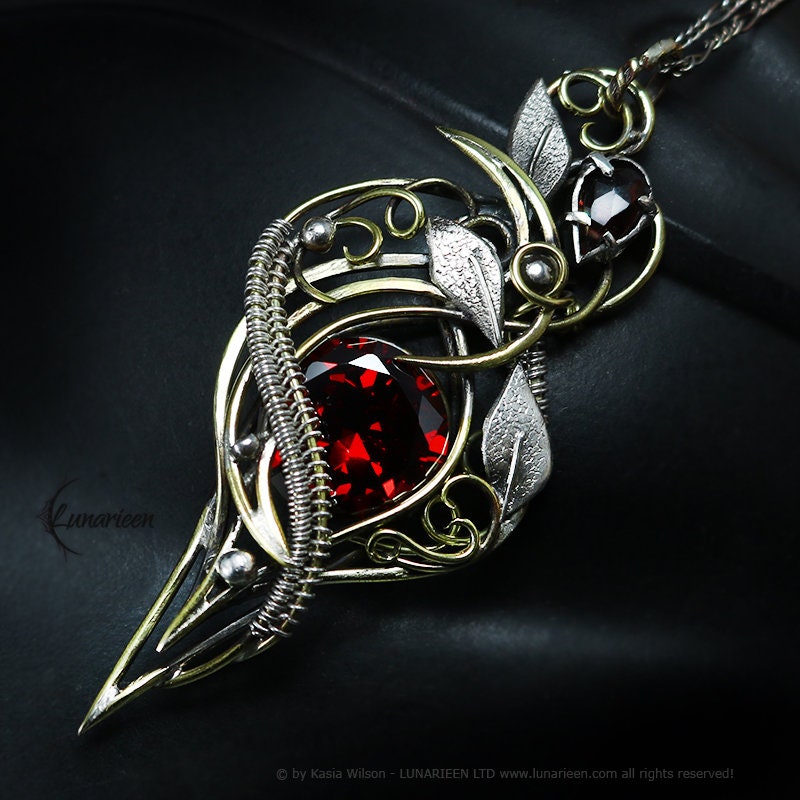 Silver Brass Garnet Zirconia Floral necklace jewelry Elven pendant fantasy elvish gothic witchy vampire fashion unique gift