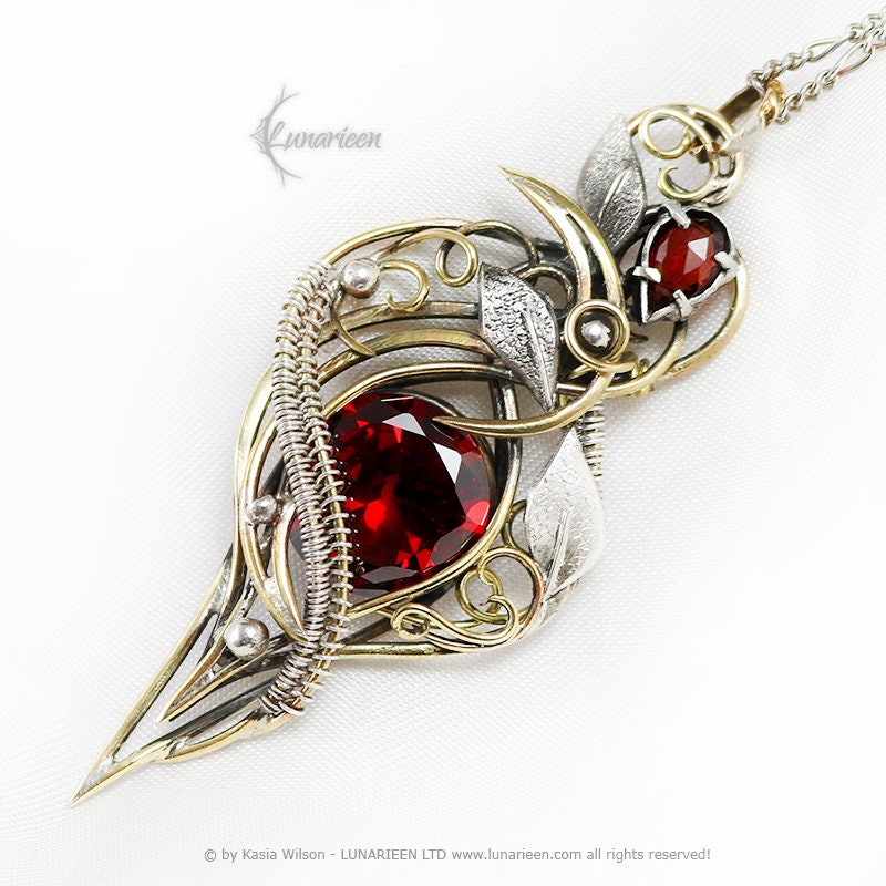 Silver Brass Garnet Zirconia Floral necklace jewelry Elven pendant fantasy elvish gothic witchy vampire fashion unique gift