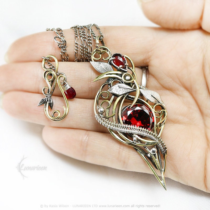 Silver Brass Garnet Zirconia Floral necklace jewelry Elven pendant fantasy elvish gothic witchy vampire fashion unique gift