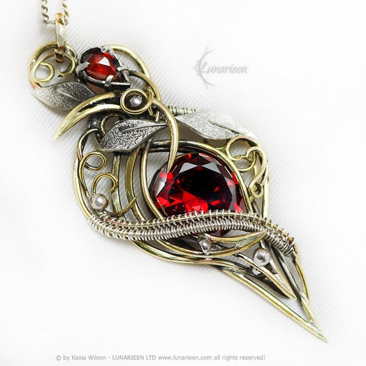 Silver Brass Garnet Zirconia Floral necklace jewelry Elven pendant fantasy elvish gothic witchy vampire fashion unique gift