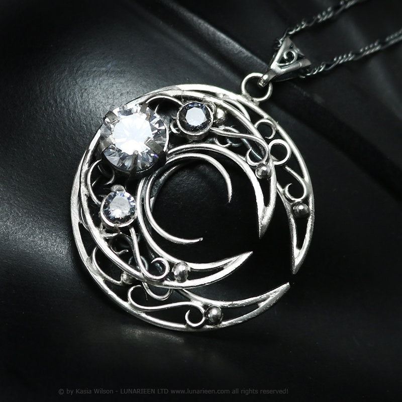 Sterling Silver necklace Crescent Moon Pagan Pendant Zirconia jewellery gothic elven elvish unique fantasy pendant unisex gift vampire style