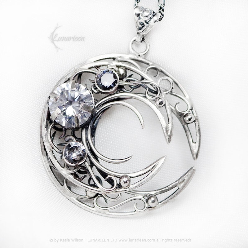 Sterling Silver necklace Crescent Moon Pagan Pendant Zirconia jewellery gothic elven elvish unique fantasy pendant unisex gift vampire style