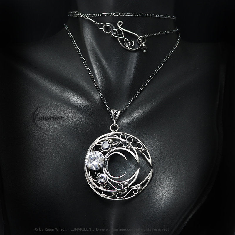 Sterling Silver necklace Crescent Moon Pagan Pendant Zirconia jewellery gothic elven elvish unique fantasy pendant unisex gift vampire style