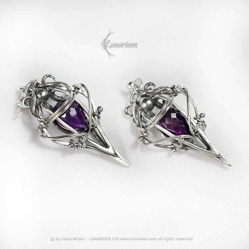 Sterling Silver earrings gift for her elven fantasy wire wrap 925 silver gothic witchy jewelry Amethyst vampire elven jewellery