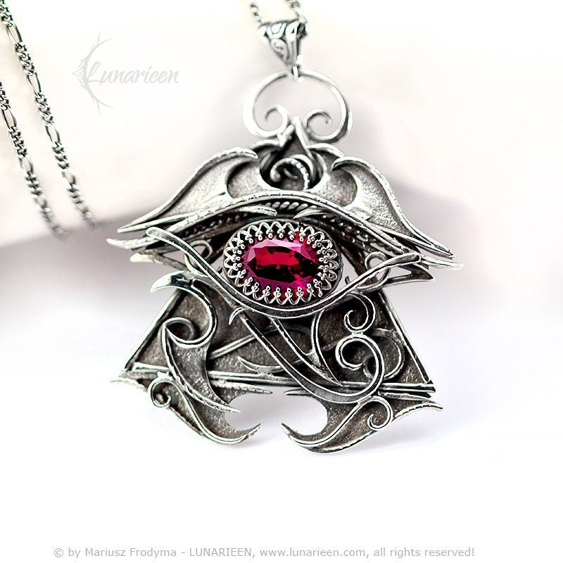 Sterling Silver Wire Wrap, Eye of Horus Gothic Necklace Pendant, Ruby, Eye Protection Symbol, Unique Unisex Jewelry Jewellery Gift