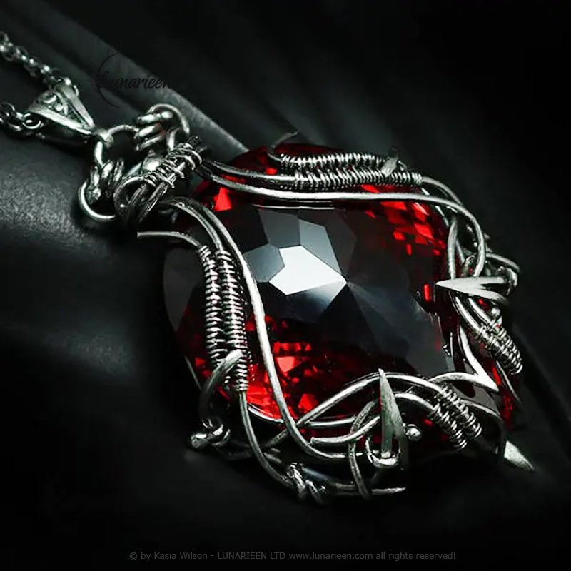 Sterling Silver, Fantasy Gothic Necklace Pendant, Red Quartz, Zirconia Vampire Elven Witchy, Unisex Unique Jewellery Jewelry Gift Garnet