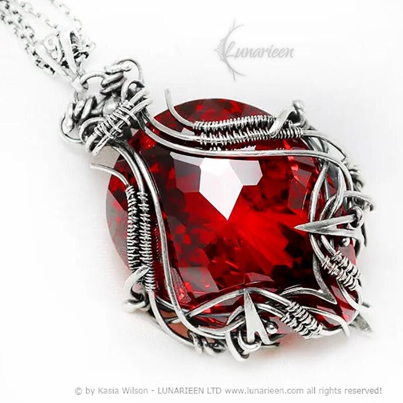 Sterling Silver, Fantasy Gothic Necklace Pendant, Red Quartz, Zirconia Vampire Elven Witchy, Unisex Unique Jewellery Jewelry Gift Garnet