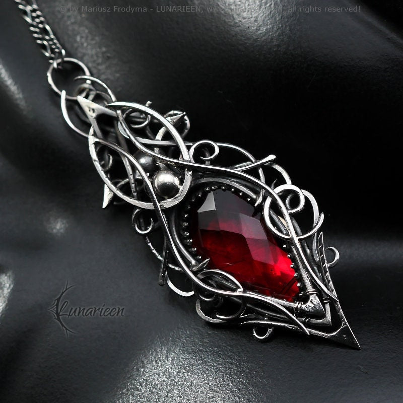 Sterling Silver, Fantasy Gothic style Necklace Pendant, Red Quartz, Vampire Elven Witchy Unisex Unique Jewellery Jewelry Gift