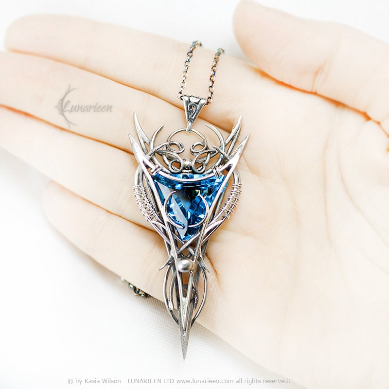 Silver Wire wrapped pendant gift gothic fantasy elven jewelry wire wrap necklace elvish witchy vampire Blue Topaz gift trendy jewellery