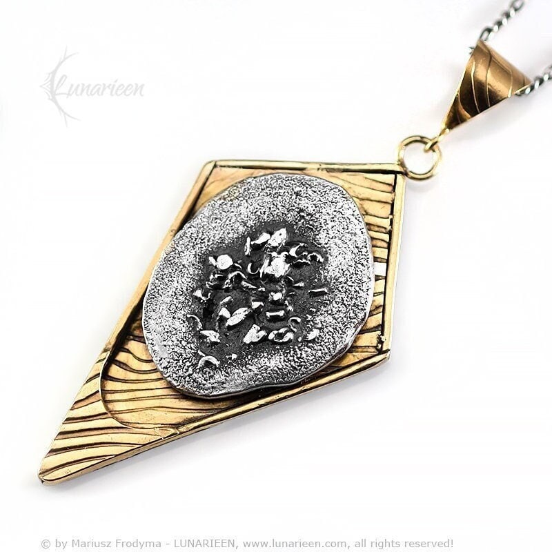 Mix Metal Brutalist Style Pendant Necklace Sterling Silver 18Ct Gold and Silver Plated Brass