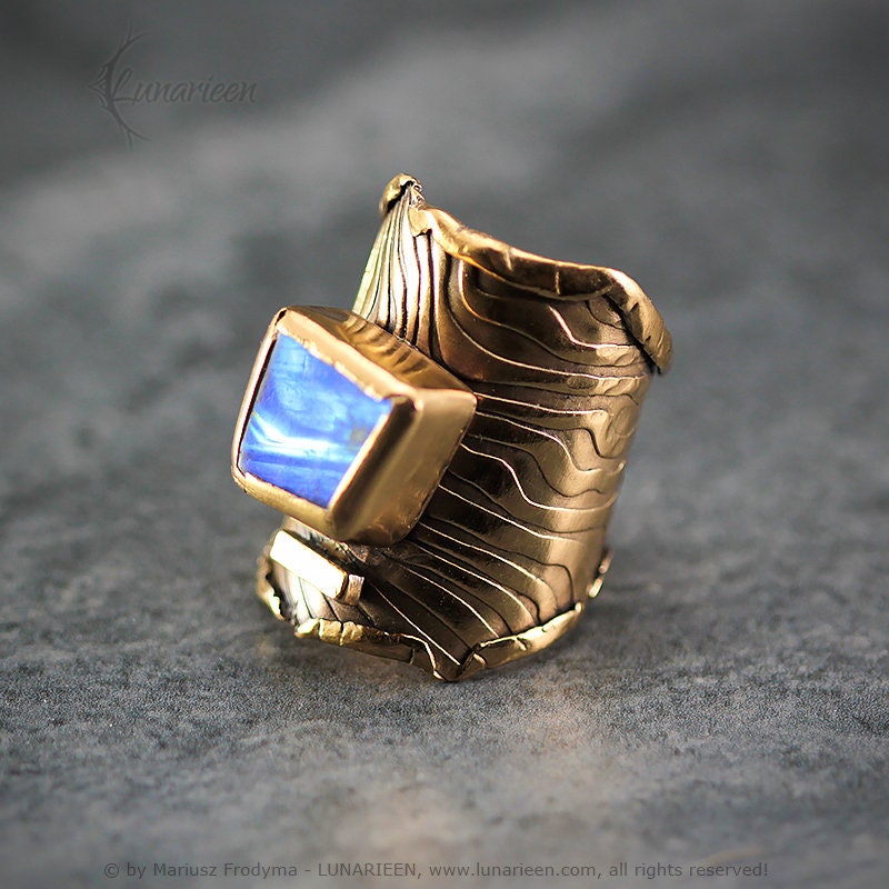 Mix Metal Brutalist Style Ring Rainbow Moonstone Artisan Jewelry 18Ct Gold Plated Bronze Gothic Cocktail Ring Metalsmith Modern