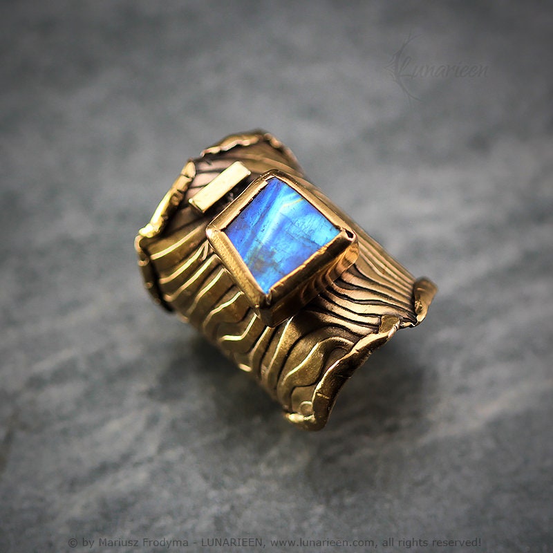 Mix Metal Brutalist Style Ring Rainbow Moonstone Artisan Jewelry 18Ct Gold Plated Bronze Gothic Cocktail Ring Metalsmith Modern