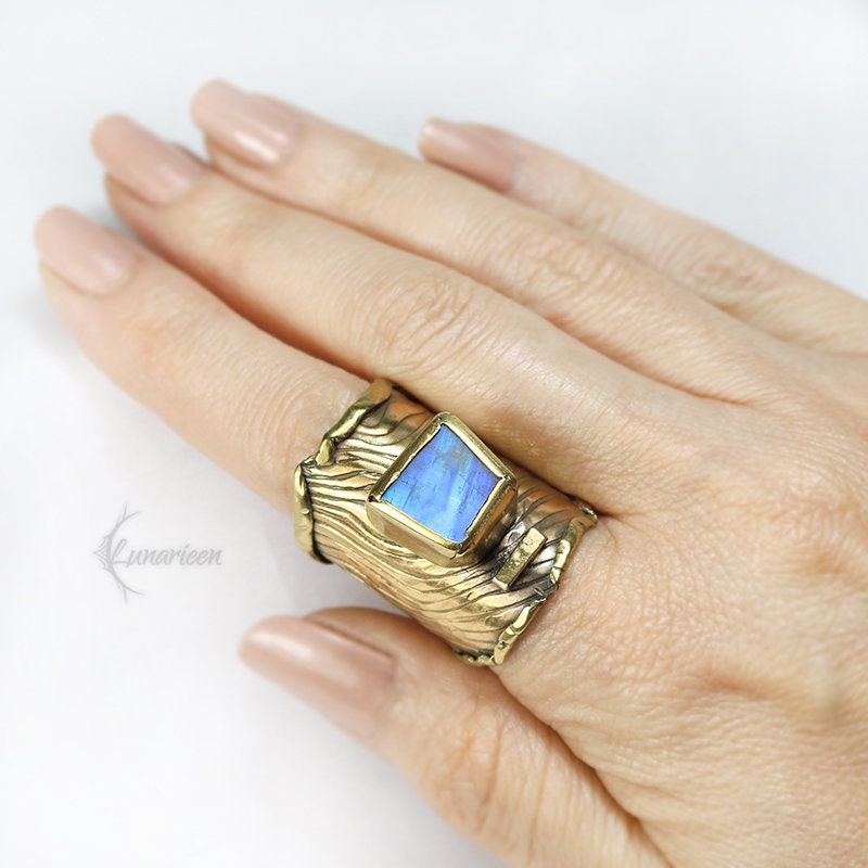 Mix Metal Brutalist Style Ring Rainbow Moonstone Artisan Jewelry 18Ct Gold Plated Bronze Gothic Cocktail Ring Metalsmith Modern