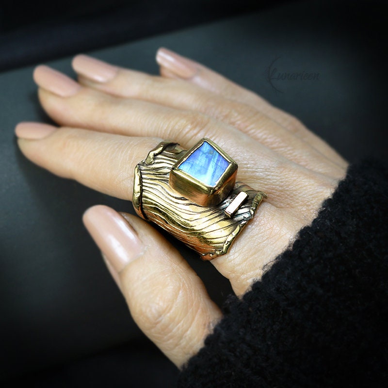 Mix Metal Brutalist Style Ring Rainbow Moonstone Artisan Jewelry 18Ct Gold Plated Bronze Gothic Cocktail Ring Metalsmith Modern