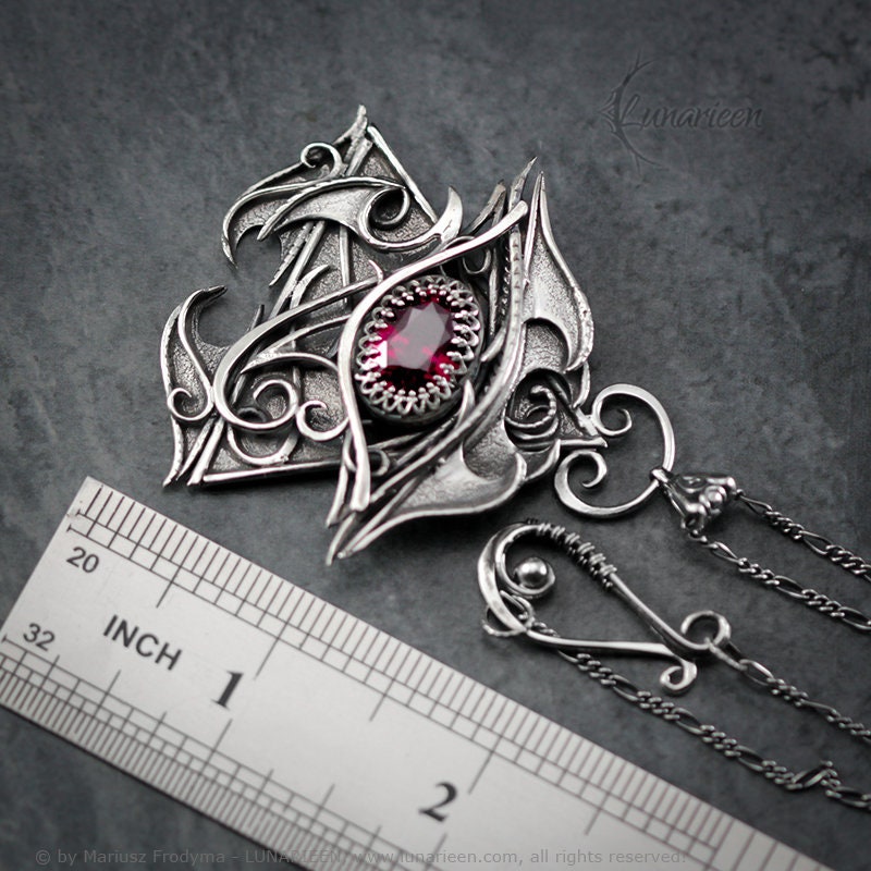 Sterling Silver Wire Wrap, Eye of Horus Gothic Necklace Pendant, Ruby, Eye Protection Symbol, Unique Unisex Jewelry Jewellery Gift